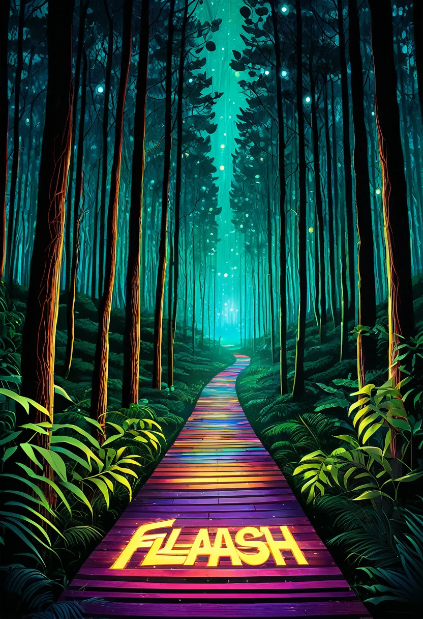 poster for the open air "Flash" taking place in the forest, on the poster the forest at night, through the path you can see the dance floor, illuminated path, in a psychedelic style, realism.