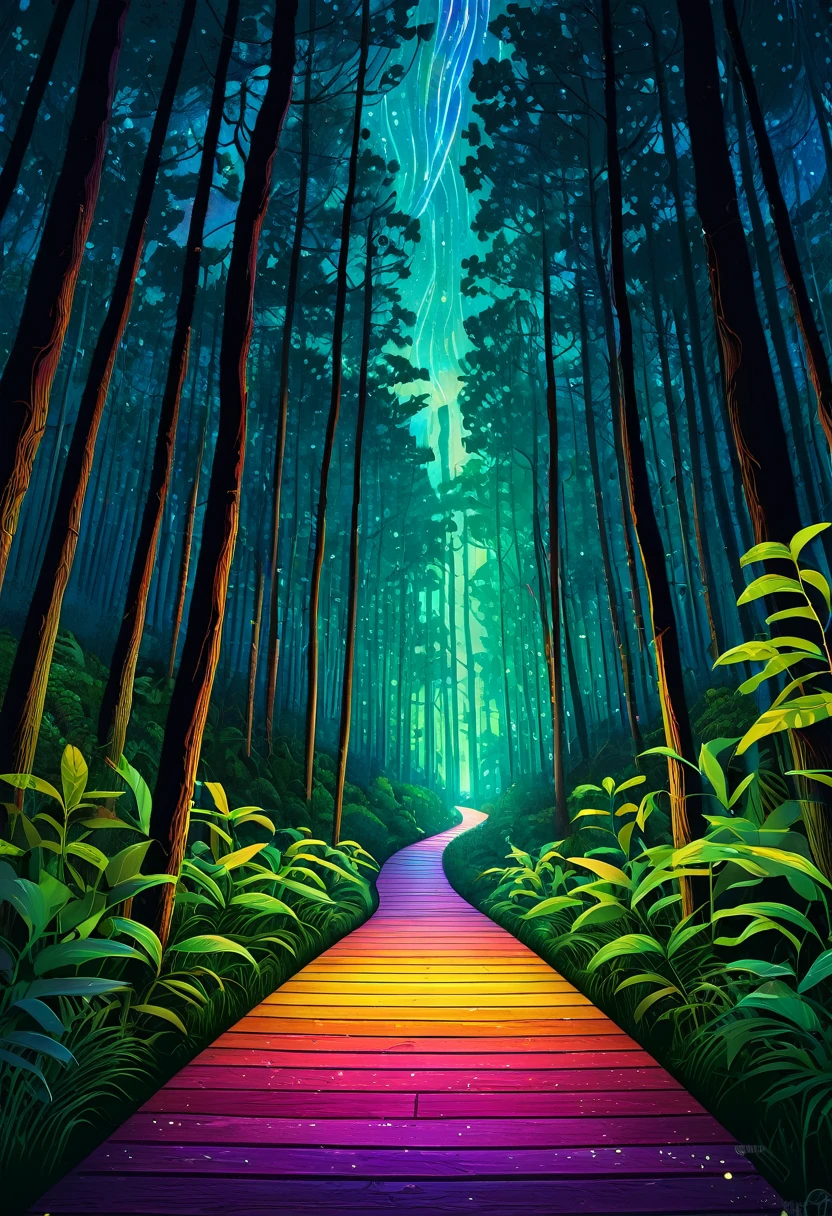 poster for the open air "Flash" taking place in the forest, on the poster the forest at night, through the path you can see the dance floor, illuminated path, in a psychedelic style, realism.