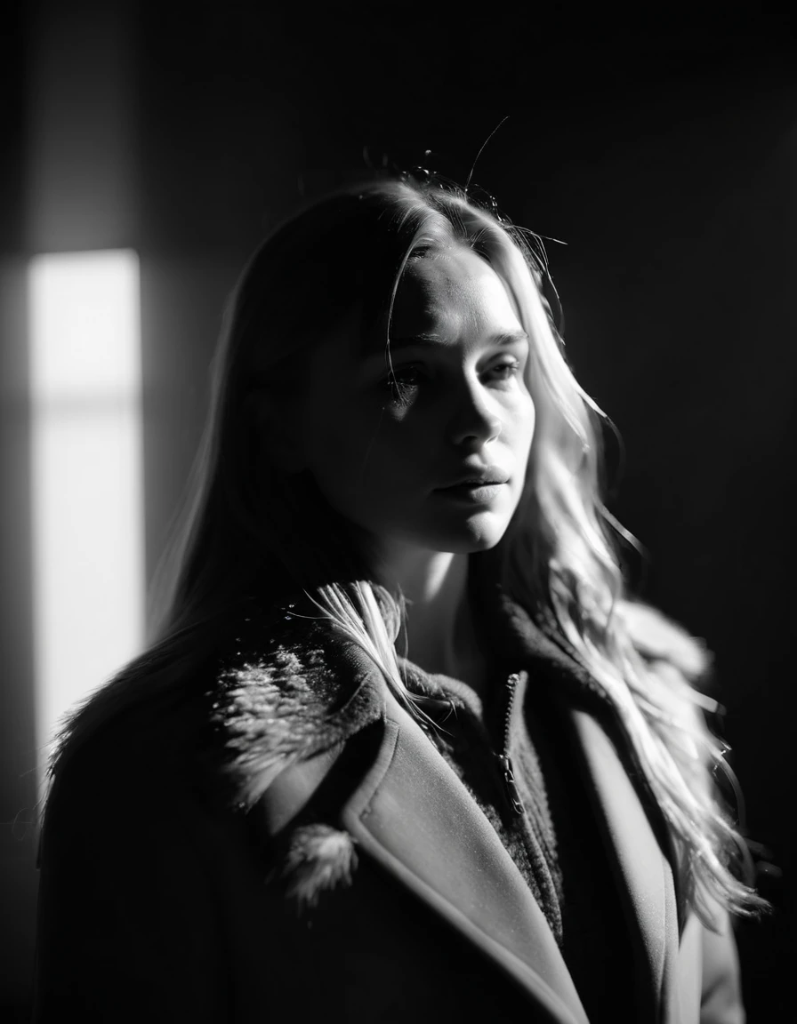 girl in winter, long hair, Holga 120N, face out of focus, light leaks, film grain, 1000 ISO, black and white, (best quality,4k,8k,highres,masterpiece:1.2),ultra-detailed,(realistic,photorealistic,photo-realistic:1.37),studio lighting,extreme detail description,professional,vivid colors,bokeh,portraits
