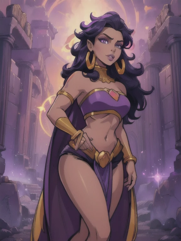 Fantasy style, Fantasy environment, A beautiful young sorceress (1 girl), dark-skinned female, with long purple flowing hair, purple eyes, purple iris, mascaras purple eyeshadow, smile, purple lipstick, medium breasts, ((Wearing: golden ringed earrings, purple cape, purple strapless top, purple loincloth, golden armlets, golden boots)), looking mature and alluring at 28 years old, (detailed eyes, detailed lips, extremely detailed face), both hands glowing bright purple, purple magic, bright purple sparks in both hands, intricate detailed portrait, photo realistic, 8k, highly detailed, cinematic lighting, warm color palette, detailed foliage, golden hour lighting, dramatic lighting, dramatic pose, sensual, alluring, captivating gaze, masterpiece, (Nighttime, ethereal and magical atmosphere, outdoors, dark clouds in the sky, purple lighting, purple and magenta aroura's in the surroundings, castle ruins background)
