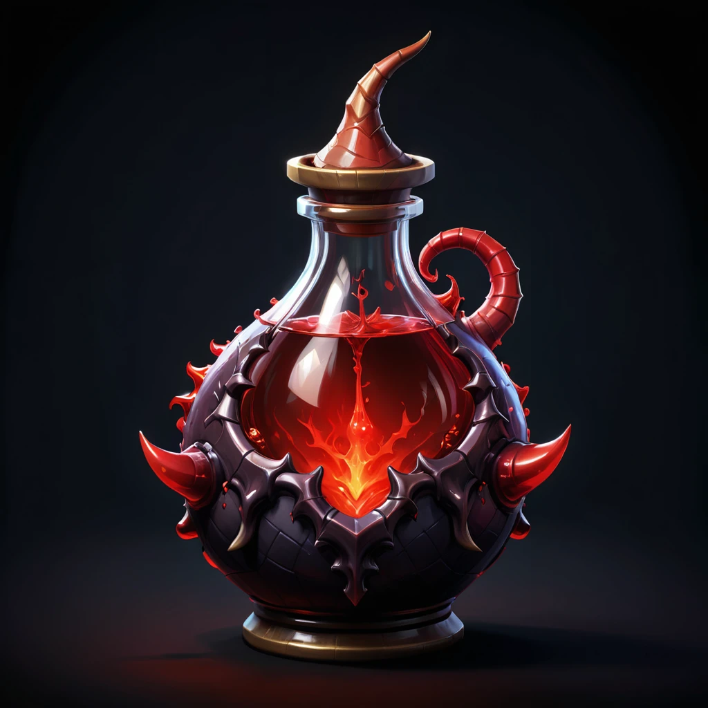 pixel art, simple black background, game icon, horn shaped red potion, health potion