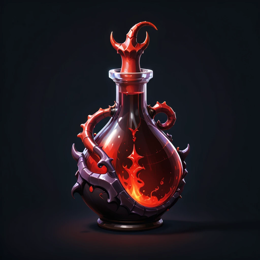 pixel art, simple black background, game icon, horn shaped red potion, health potion