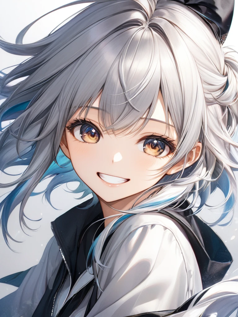 (masterpiece:1.2), (best quality),(ultra detailed),(extremely detailed),(absolutely resolution) ,absurdres,8k, 
BREAK, 1girl, 独奏, gradation hair, messy hair,Silver Hair Color、 grin, jitome, 