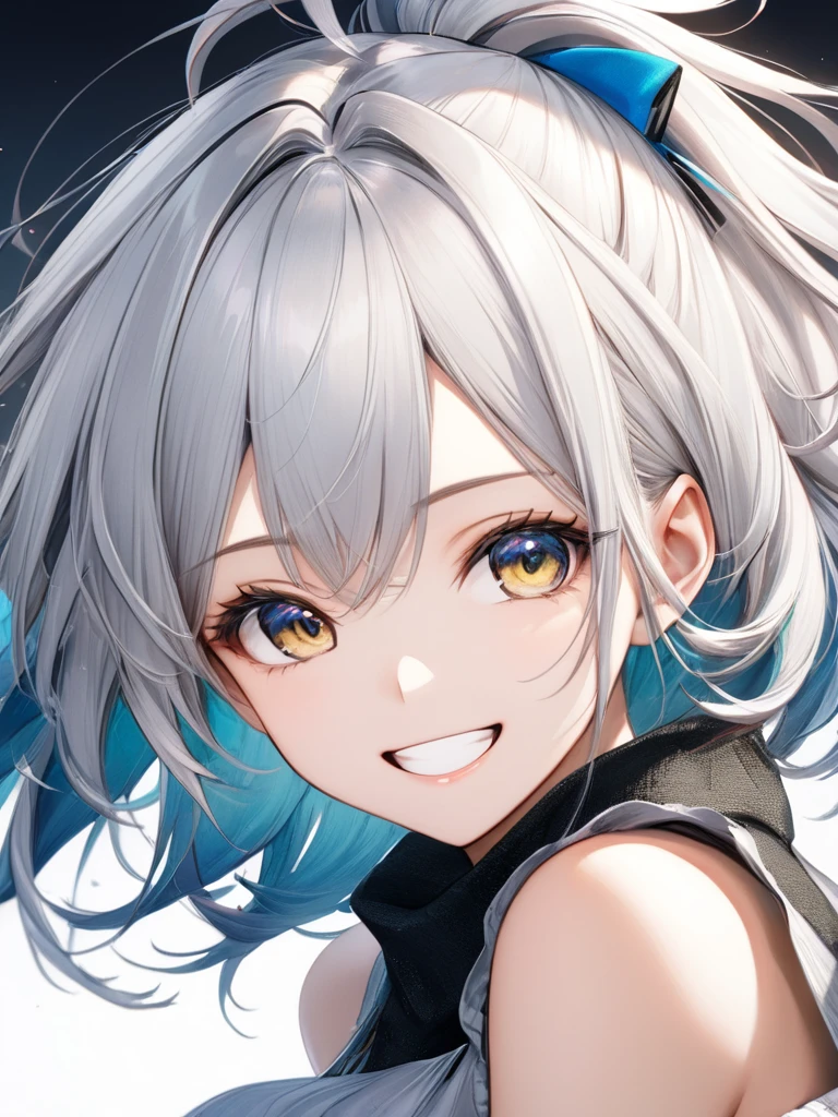 (masterpiece:1.2), (best quality),(ultra detailed),(extremely detailed),(absolutely resolution) ,absurdres,8k,
BREAK, 1girl, 独奏, gradation hair, messy hair,Silver Hair Color、 grin, jitome,