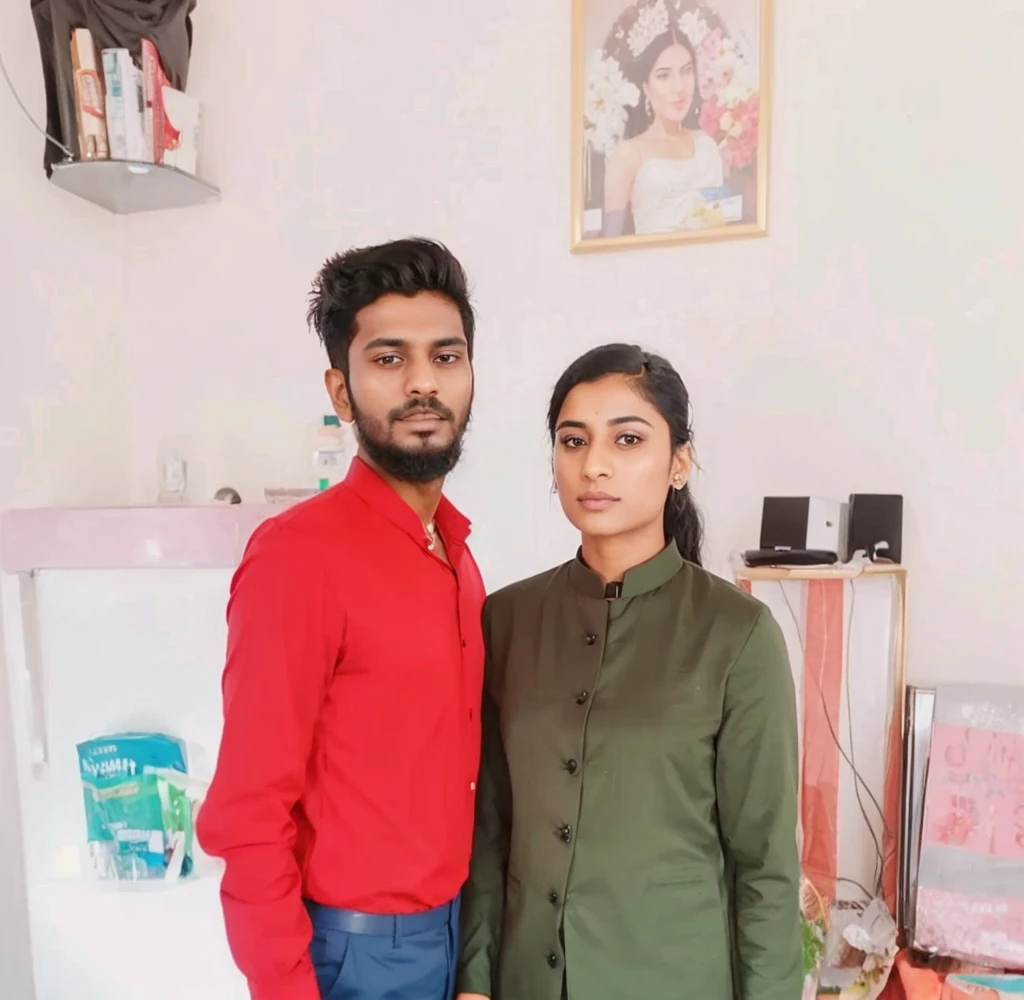 25 year old Indian man with short black hair in a business suit, shaved, with bride, portrait, looking directly at the camera, headshot, professional photo, corporate portrait, professional profile picture, headshot photograph