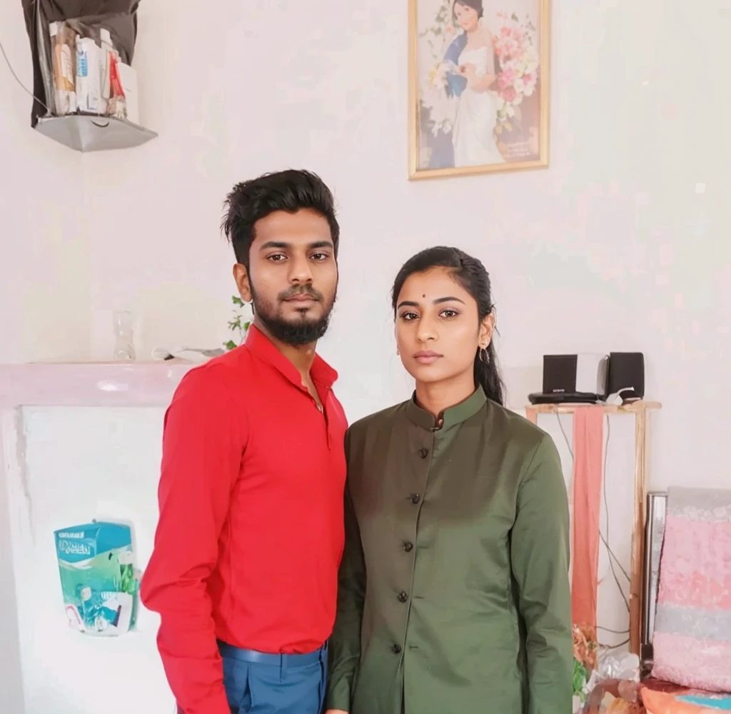 25 year old Indian man with short black hair in a business suit, shaved, with bride, portrait, looking directly at the camera, headshot, professional photo, corporate portrait, professional profile picture, headshot photograph