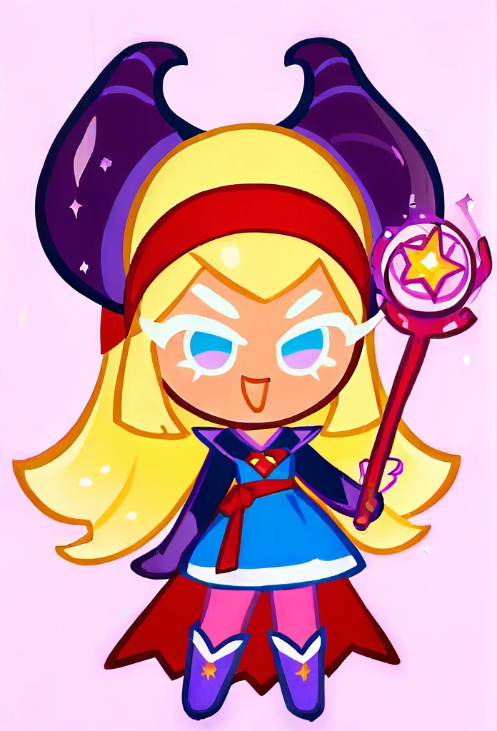 chibi, full body, CookieRun, 1girl, yellow hair, long hair, blue eyes, red headband with small horns, blue dress, pink tights, purple boots, magic wand in hands