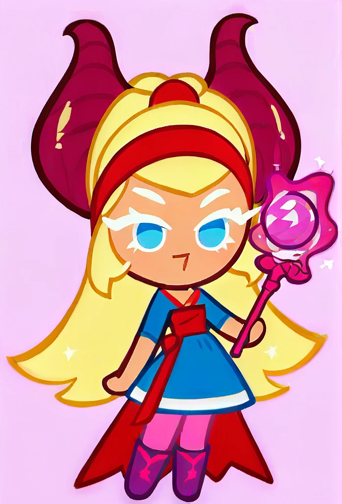 chibi, full body, CookieRun, 1girl, yellow hair, long hair, blue eyes, red headband with small horns, blue dress, pink tights, purple boots, magic wand in hands