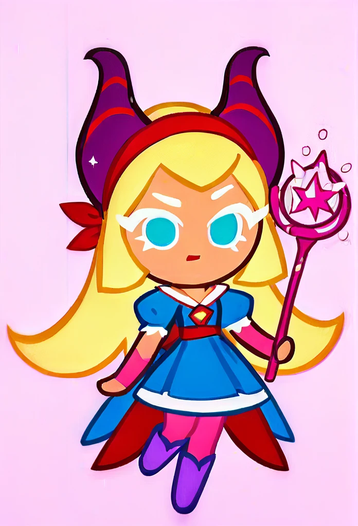 chibi, full body, CookieRun, 1girl, yellow hair, long hair, blue eyes, red headband with small horns, blue dress, pink tights, purple boots, magic wand in hands