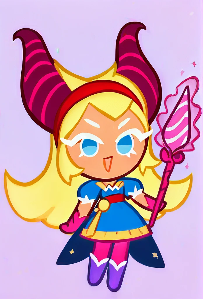 chibi, full body, CookieRun, 1girl, yellow hair, long hair, blue eyes, red headband with small horns, blue dress, pink tights, purple boots, magic wand in hands