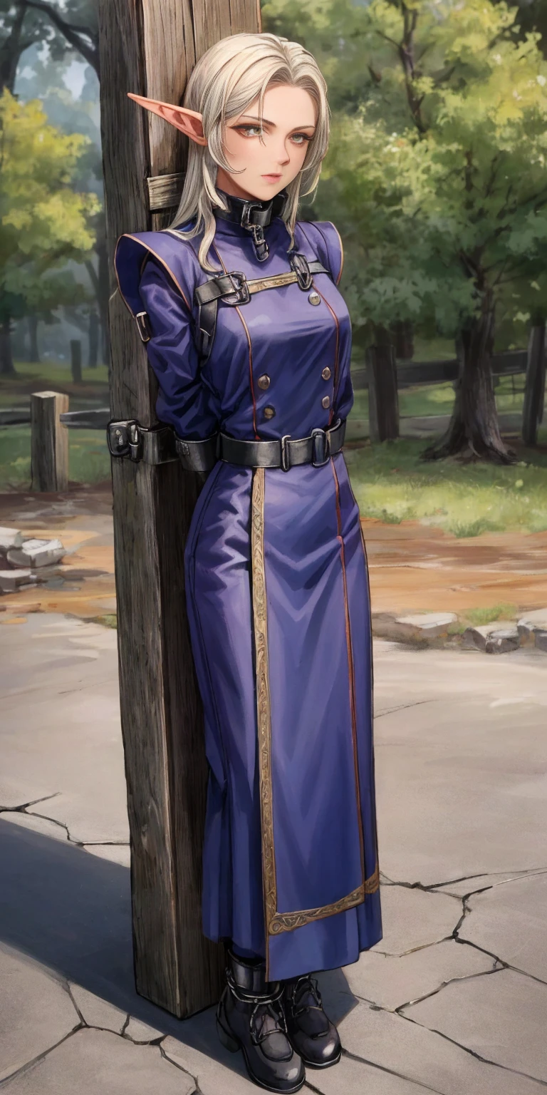 (Masterpiece, best quality, intricate details, 1sologirl) iron collar, arms behind back, iron cuffs, shackles, bound ((standing by wooden pole:1.2)) looking from above happy closed mouth ((Pirotes Dark elf skin)) Blindfolded: NO EYES