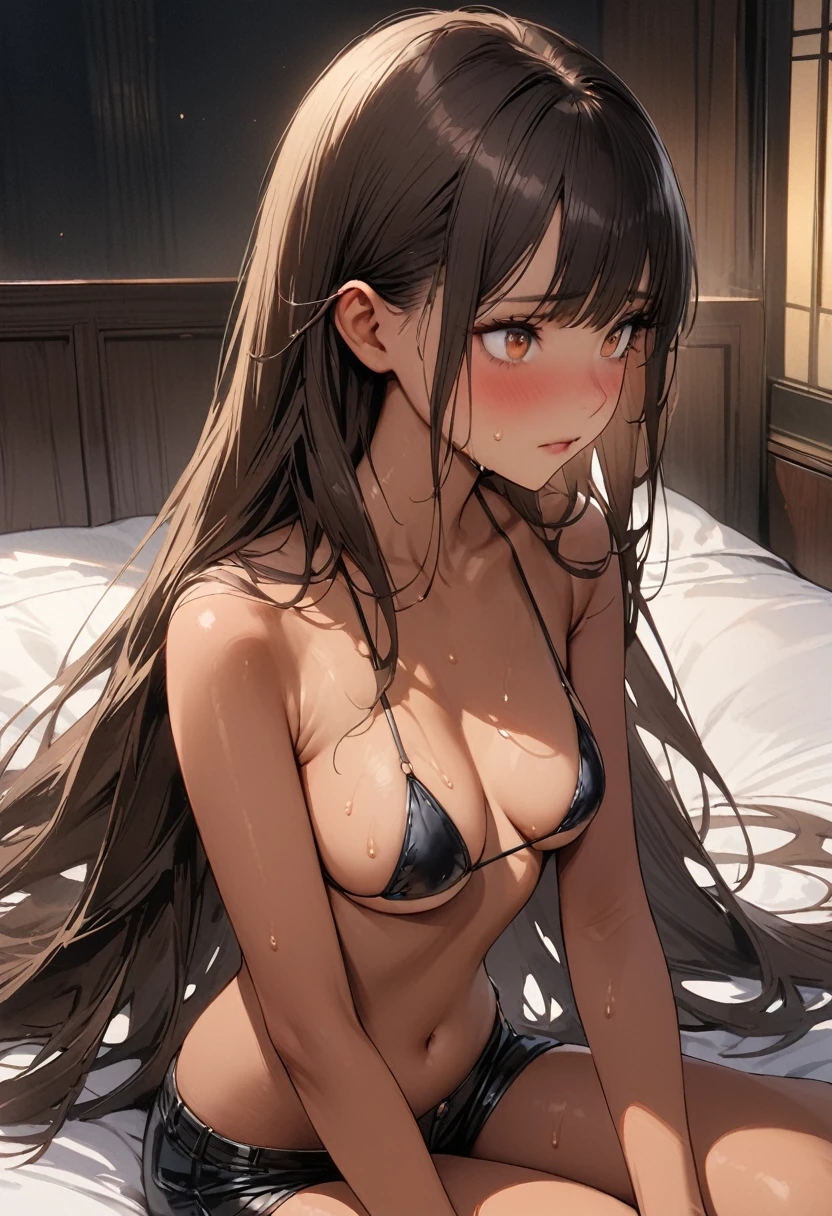 ((masterpiece,Highest quality:1.3,best quality illustration,realistic:1.5)),nsfw,ass pov,having sex,man on top,cowboy shot,独奏,1woman,(25 year old beauty)、brown hair,long hair,bangs,brown eyes,gorgeous eyes,(very small head:1.3),tears,sad、Heavy breathing,(very long body:1.2,skinny),medium breasts,naked,nipples,navel、vagina,vaginal penis,creampie:1.5,Love juice、barefoot、sweat,gleaming skin,toned body,slender body,lying,on back,spread legs,arms up,side,A messy bed、Dark bedroom in an abandoned house、(at night)、World of Blade Runner、from adove,