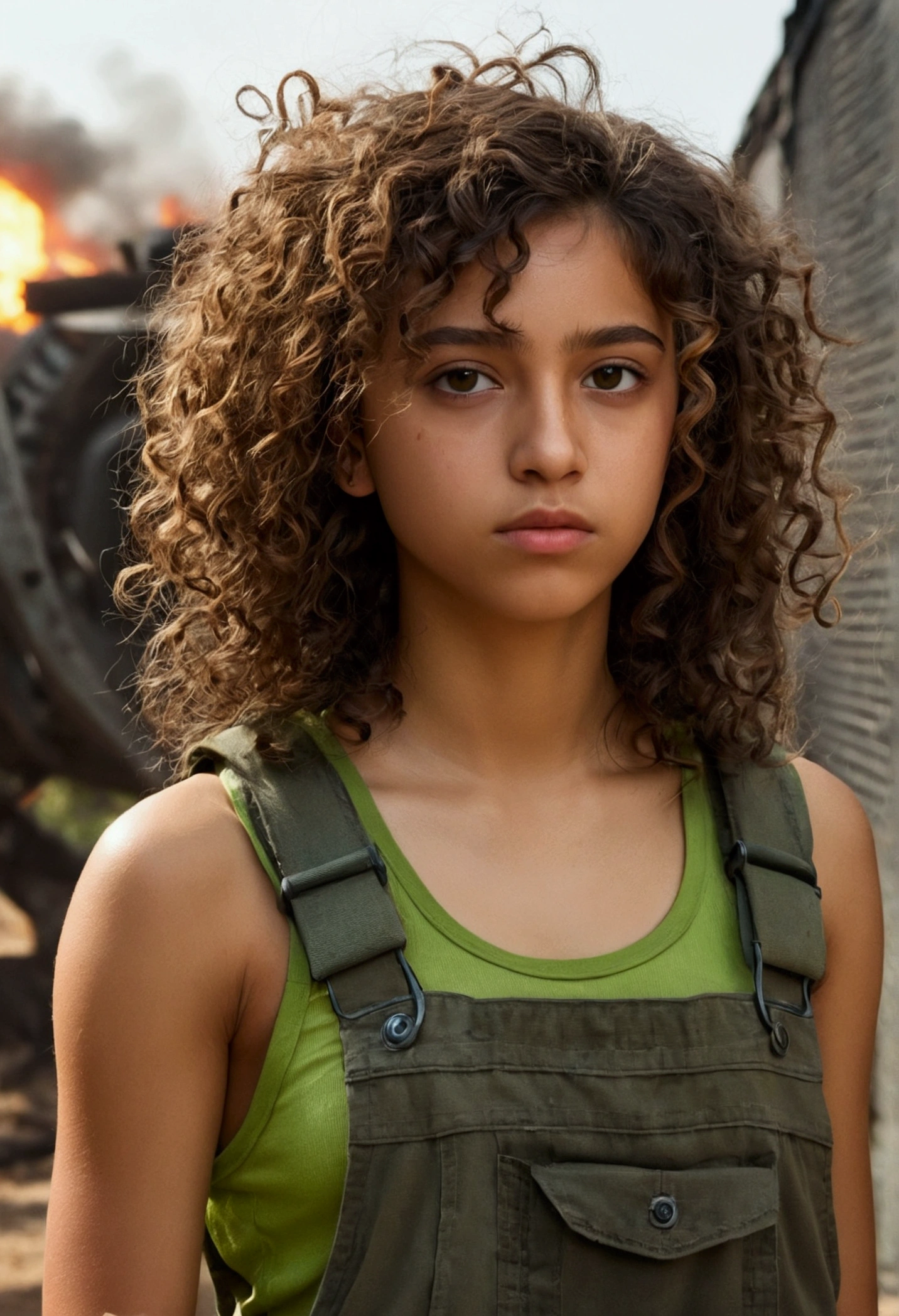 ((best quality)), ((masterpiece)), (detaile), A teenage girl with curly brown hair | brown eyes with almond shapes, She is Latina and has tanned brown skin | his clothes are typical of clothes worn by young people in dystopian universes, a dirty and slightly torn tank top; a pair of green cargo pants too suha| She is tired, with a neutral expression looking towards a huge installation on fire.