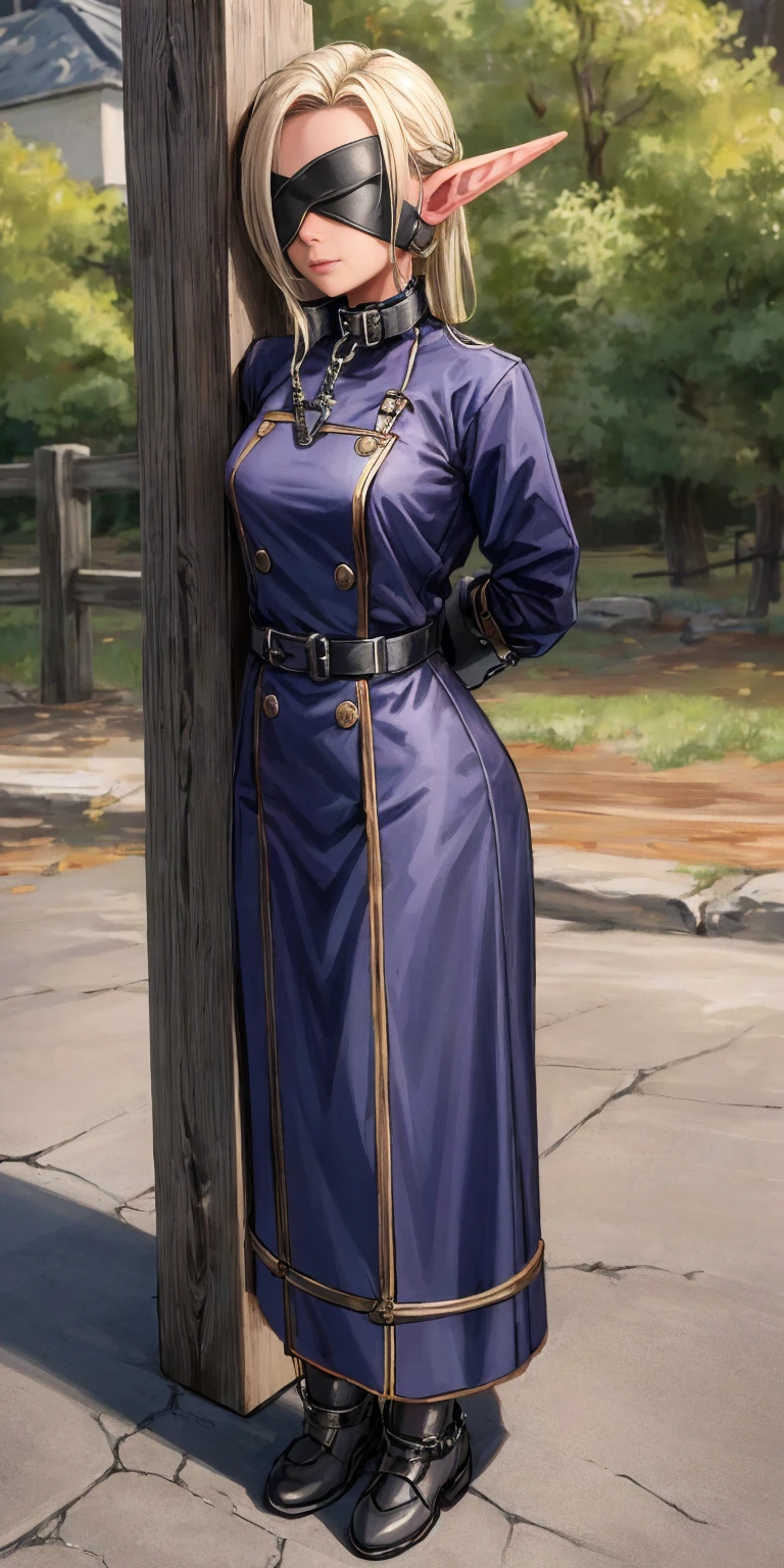 (Masterpiece, best quality, intricate details, 1sologirl) iron collar, arms behind back, iron cuffs, shackles, bound ((standing by wooden pole:1.2)) looking from above happy closed mouth ((Pirotes Dark elf skin))