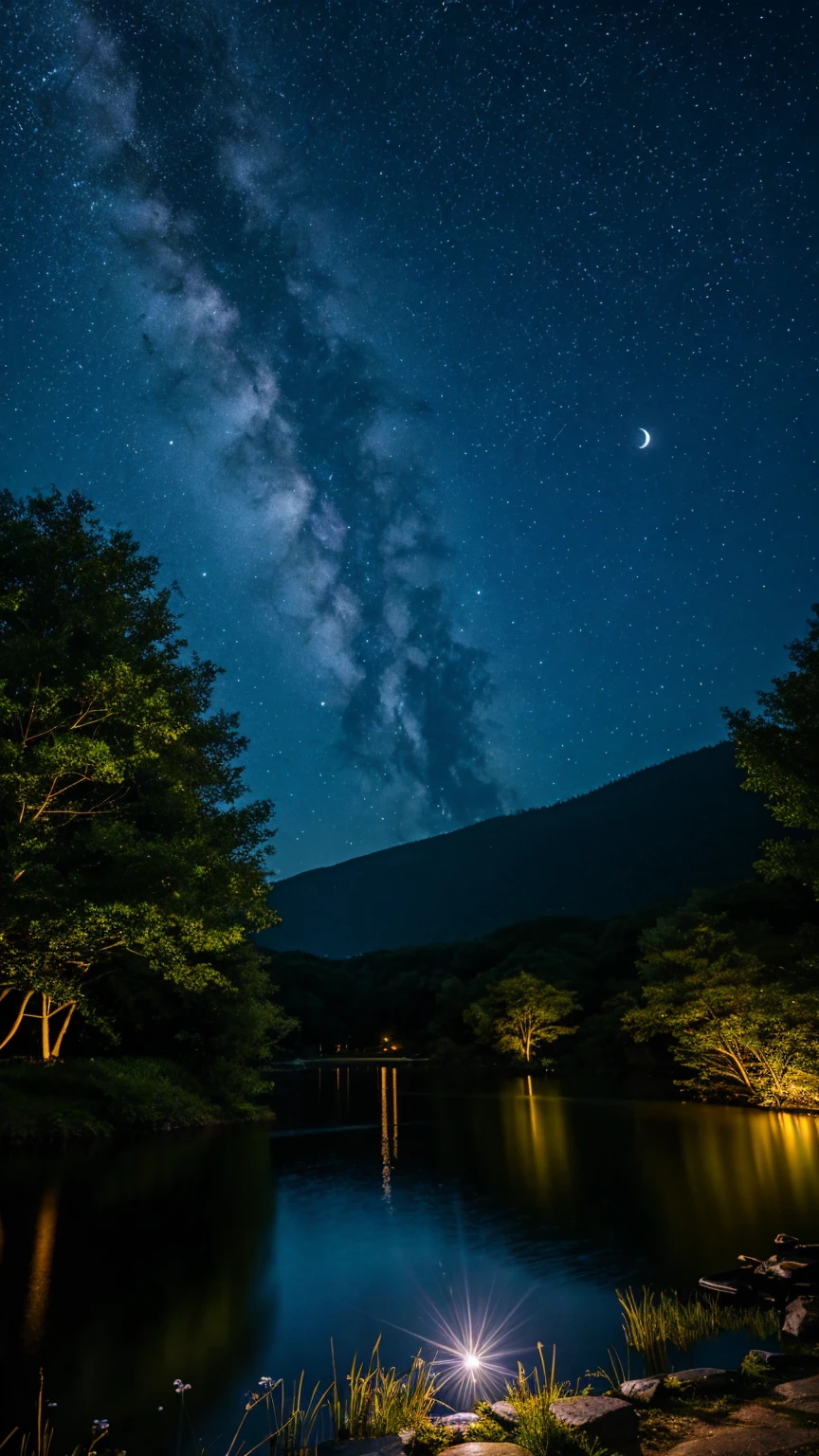 川と山のある風景を描いた星Moonlit Night画,   Starry Skyの夜,  Night view, Moonlit Night, Twinkling distant stars, Natural scenery at night, moonlight, Moonlit Nightscape, Stars shining in the distance, Starry Sky, Mystical Night、full moon