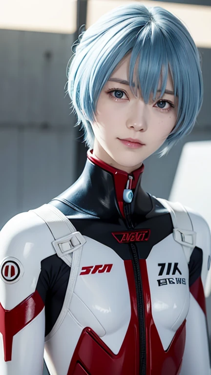 Evangelion、Rei Ayanami、One girl, Ayanami Rei, alone, Red eyes, （（Plug Suit,）） short hair, Blue Hair, chest, Bodysuits,whole body, white Bodysuits, School classroom、 White interface headset, bangs, Mouth closed, A little smile、Hair between the eyes, medium chest, high quality, slow,Moist eyes、Watery eye、Troubled face、Rei Ayanami、Are standing、