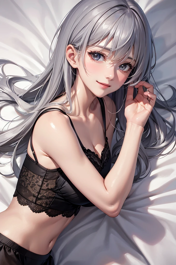 (Best Quality,High resolution,8K,finelity detailed background,Masterpiece:1.2),beautiful girl,Glossy romance gray hair,messy hair,Gray Eyes,Gentle look,A refreshing look,Best quality,Best Quality,Aesthetic and aesthetic:1.2,Best details((Super detailed))(High-definition CG illustrations),Dark gray underwear (gray,intricate lace),Slender body,Late Night,Moonlit Night,Bedroom,On the bed,smile,blush,cute,Scrounge,Looking up,Being spoiled,super model,on back,shoot from above