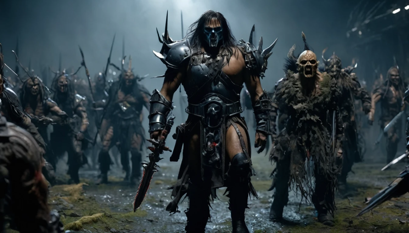 (3D rendering:3.1) in (medium full shot:3.1) of lot of characters from (metal hurlant magazine:3.1), inspired by style of Simon Bisley art, barbarian warriors in battles against space creatures with swords and shields in external battlefield, with fog and daylight, (with Creepy, Sci-Fi, Fantasy and Horror:2.9), directed by ridley scott (Cinematic:3.1), horror movie, horrified, terrified, insane, disgusting, disturbing, Impactful, cgsociety, hyper-detailed, digital illusions, cyberspace, photorealistic, arts visuals. Ultra detailed, RAW photo, artstation style, concept art, (masterpiece:2.9), 8k, realistic textures, (3D rendering:3.1)