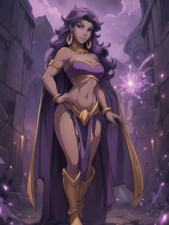 Fantasy style, Fantasy environment, A beautiful young sorceress (1 girl), dark-skinned female, with long purple flowing hair, purple eyes, purple iris, mascaras purple eyeshadow, smile, purple lipstick, medium breasts, ((Wearing: golden ringed earrings, purple cape, purple strapless top, purple loincloth, golden armlets, golden boots)), looking mature and alluring at 28 years old, (detailed eyes, detailed lips, extremely detailed face), both hands glowing bright purple, purple magic, bright purple sparks in both hands, intricate detailed portrait, photo realistic, 8k, highly detailed, cinematic lighting, warm color palette, detailed foliage, golden hour lighting, dramatic lighting, dramatic pose, sensual, alluring, captivating gaze, masterpiece, (Nighttime, ethereal and magical atmosphere, outdoors, dark clouds in the sky, purple lighting, purple and magenta aroura's in the surroundings, castle ruins background)
