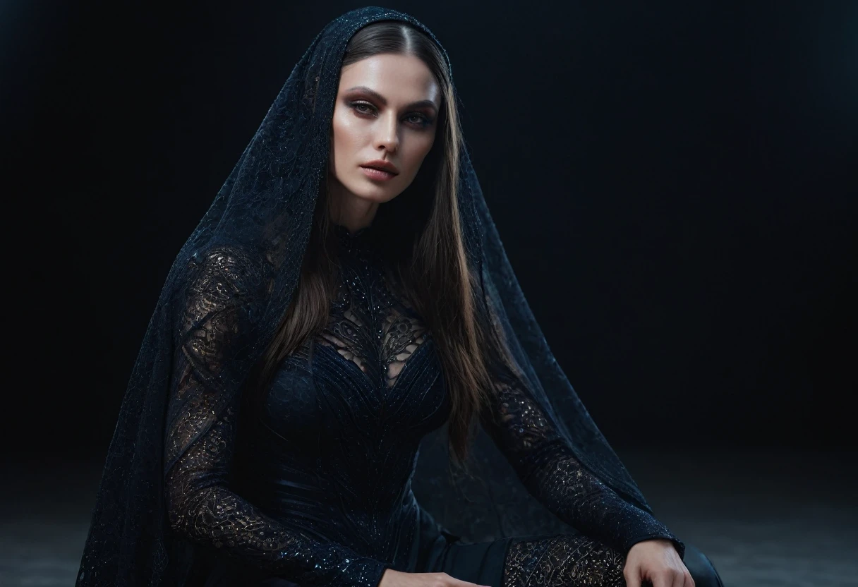 Fashionable of androgynous alien looking witch wearing veil, glowing eyes, beautiful evil slavic muscular woman, pale skin, long hair, futuristic design, minimal details, givenchy, photoreal, 200mm, hd, f/ 2.0, highly detailed, surreal, sitting, light smile, simple black stylish clothes, a slight smiledrop dead, in the style of red and blue, (intricate details, hyperdetailed:1.15) (skin texture:1.2), cinematic, professional, 4k, (((dynamic model pose))), sitting, full body, mesmerizing, dynamic, dramatic, dynamic pose, highly detailed skin with hair, subcutaneous veins, light and shadow play, highly detailed,24mm photograph, bokeh, professional, 4k,