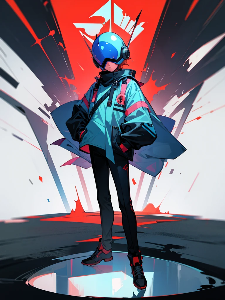 Male, ager, wearing full-face DJ helmet, no visible face, standing at attention, hands in pockets, fully in frame, full body shot, lone figure, sole person, Zombie Land Saga style