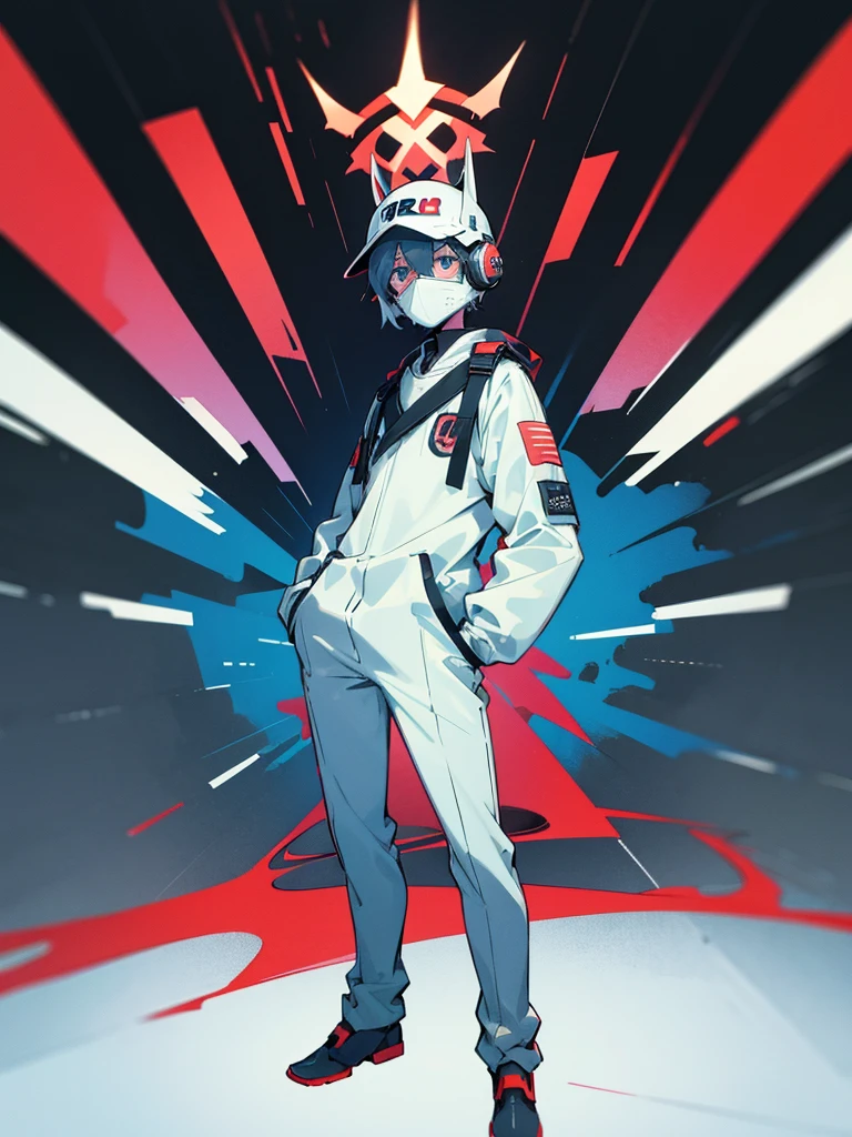 Male, ager, wearing full-face DJ helmet, no visible face, standing at attention, hands in pockets, fully in frame, full body shot, lone figure, sole person, Zombie Land Saga style