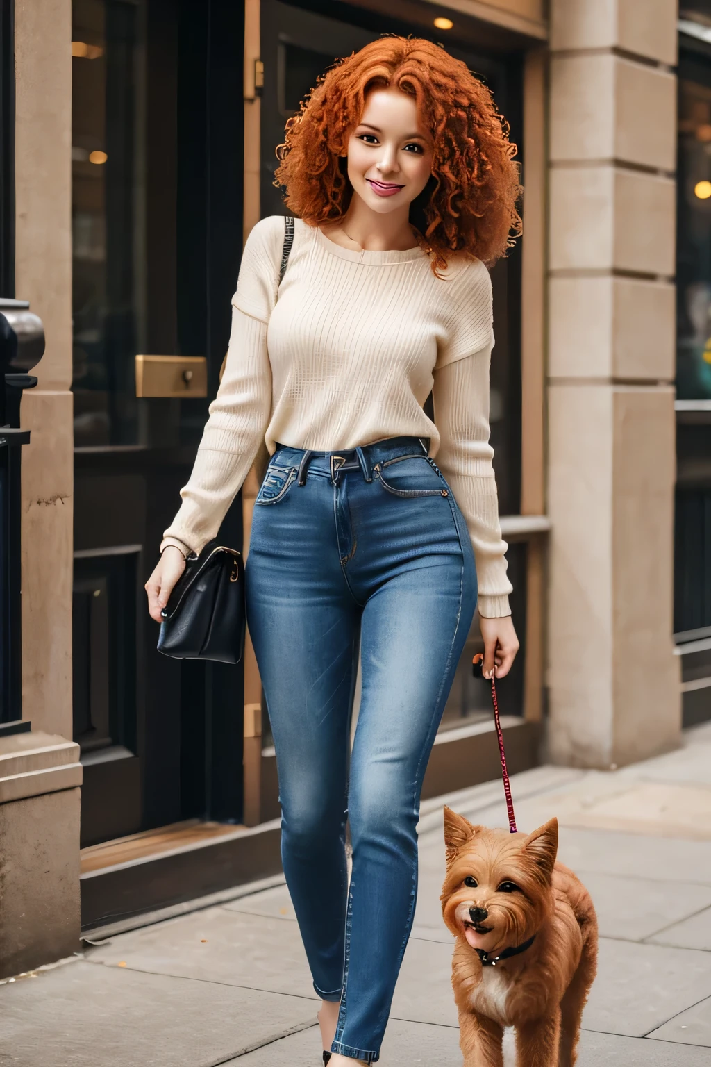redhead woman, curly hair, jeans
sexy, showing slim waist, with dog walking