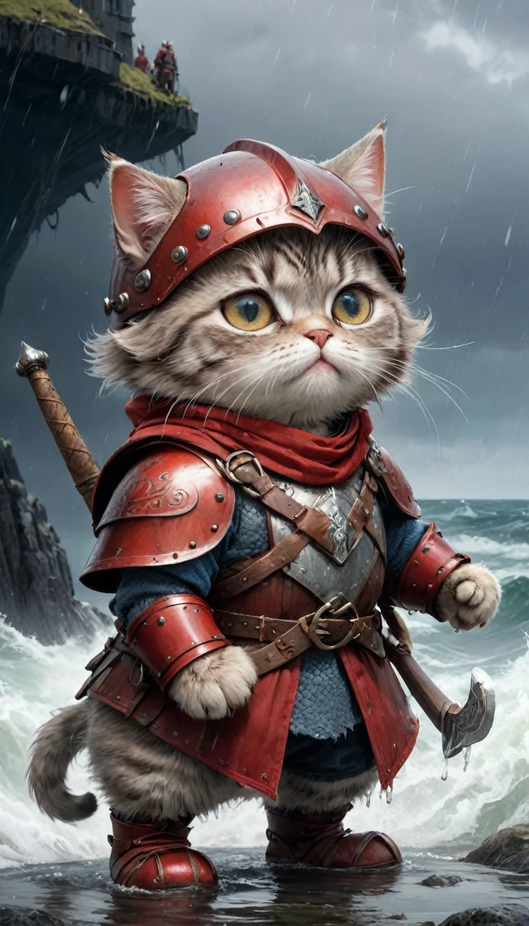 Crying face、tears、small, かわいいto be bornき物, Viking wearing red armor、 whole body,small , Are standing, Costume, Stormy Sea、 Fantasy art, Exquisite detail, Jean-Baptiste Monge Style, office、Alan Lee Style, Anthropomorphic, Fat, Grey cat with big eyes, Movie Scenes, Dramatic shot angles, , Realistic, to be born々Stunning cinematic photorealism, Action Portrait, 8k, detailed, Full Frame
