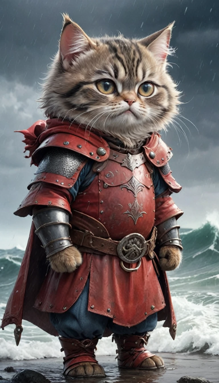Crying face、tears、small, かわいいto be bornき物, Viking wearing red armor、 whole body,small , Are standing, Costume, Stormy Sea、 Fantasy art, Exquisite detail, Jean-Baptiste Monge Style, office、Alan Lee Style, Anthropomorphic, Fat, Grey cat with big eyes, Movie Scenes, Dramatic shot angles, , Realistic, to be born々Stunning cinematic photorealism, Action Portrait, 8k, detailed, Full Frame
