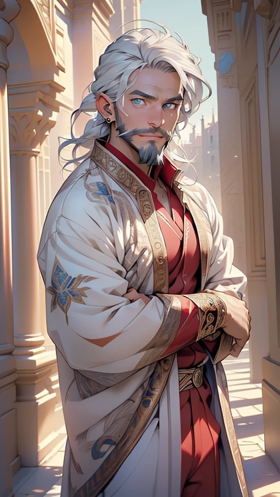 male, muscle, 1boy, big muscle, pectoral, muscular, Mature man,45 year old man,adult,1 man, old macho man,an extremely detailed face,(long hair,white hair,silver hair,nice hair style),(((white very short beard, silver very short beard,beard with elegant cut, square beard))),(((blue_eyes:1.3))),intricate eyes,beautiful detailed eyes,symmetrical eyes,thicc,((detailed face)),
Viking, barbarian,(open kaftan,old style arabian fashion,masculine features,old style,arabian clothes),((jewelry)),(((red kaftan,red arabian outfit,wearing a red kaftan:1.3,arabian red kaftan))),((arabic wide pants,blue pants,bulge in pants)),(((intricate outfit,intricate clothes,ornate outfit))),
(dynamic pose:1.0),smiley,(centered,scale to fit dimensions,Rule of thirds),
inside,indoor,((palace in Arabia, palace in Arabia background)),scenery:1.25,((intricate scenery)),
(Glossy winter ornaments),highres,sharp focus,(ultra detailed,extremely detailed),(photorealistic artwork:1.37),(extremely detailed CG unity 8k wallpaper),(((vibrant colors,vibrant theme))),(intricate),(masterpiece),(best quality),artistic photography,(photography taken by sldr),(intricate background),perfect rendered face,perfect face details,realistic face,photo realistic,((intricate detail)),(((realism))),