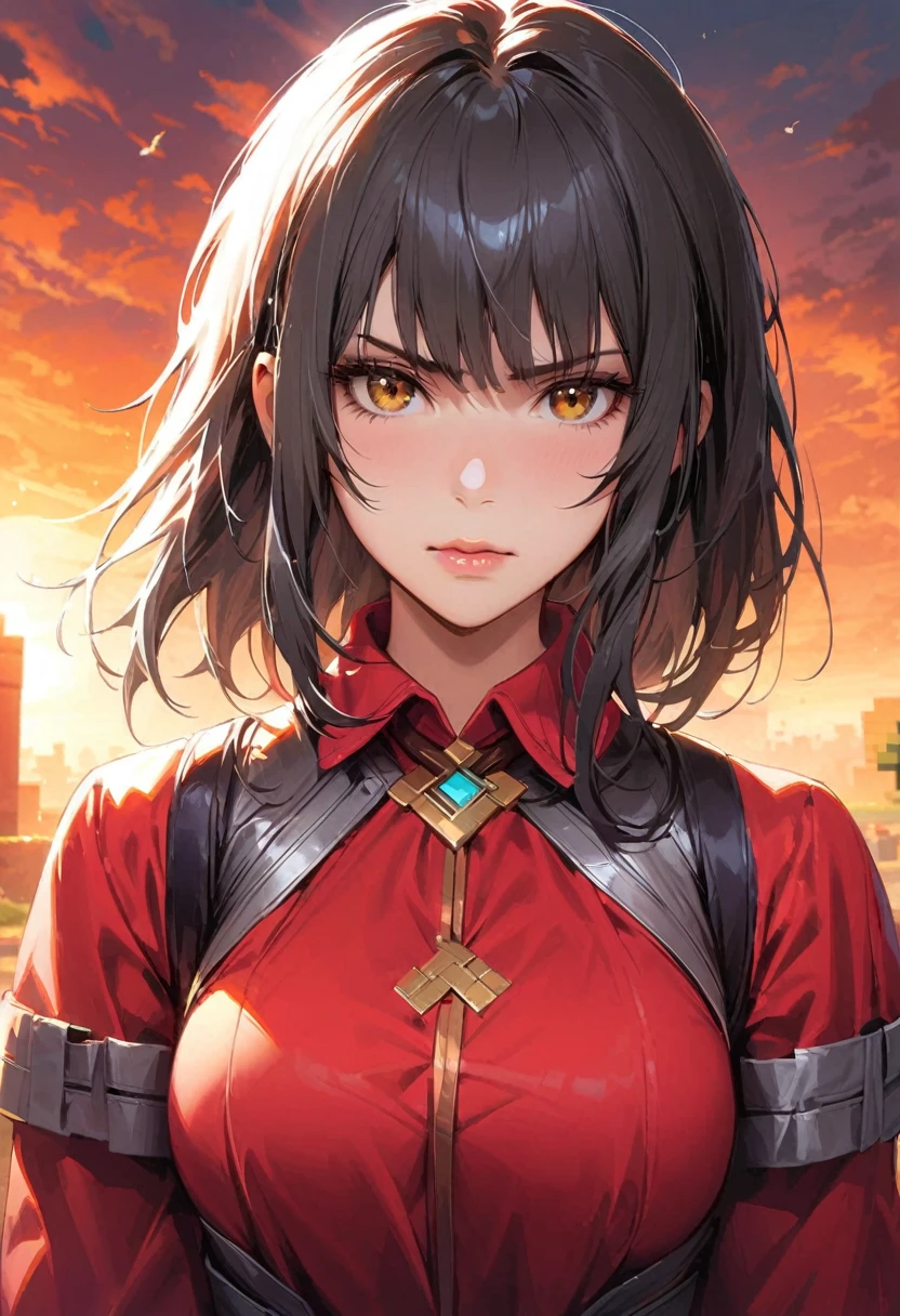 a photorealistic highly detailed woman, 1girl, beautiful detailed eyes, beautiful detailed lips, long eyelashes, short square hair, determined expression, robust outfit, sexy posture, negotiating with adventurers, minecraft village, blocky game style, natural lighting, close-up shot, cinematic composition, dramatic lighting, volumetric fog, atmospheric haze, cinematic depth of field, hyperrealistic details, vibrant colors, seamless integration