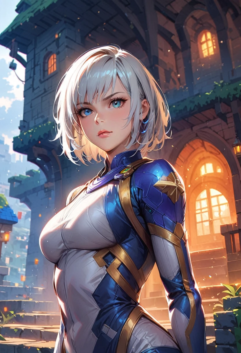 a photorealistic highly detailed woman, 1girl, beautiful detailed eyes, beautiful detailed lips, long eyelashes, short square hair, determined expression, robust outfit, sexy posture, negotiating with adventurers, minecraft village, blocky game style, natural lighting, close-up shot, cinematic composition, dramatic lighting, volumetric fog, atmospheric haze, cinematic depth of field, hyperrealistic details, vibrant colors, seamless integration