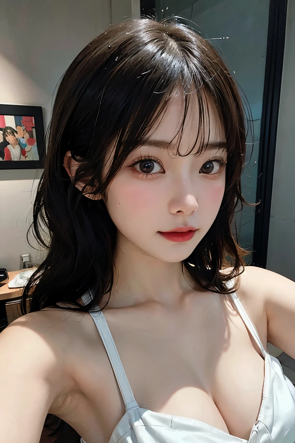 ((best quality)), ((masterpiece)), (detailed), perfect face. Asian girl. Selfie. Bikini. Bedroom Wall. Low lighting.