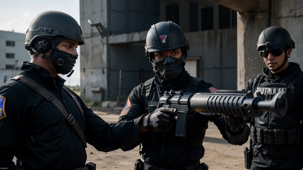 Special Forces Soldier, black costume with skull, army helmet, armed with rifle, mascarado, pointing gun at spectator, ultra realistar