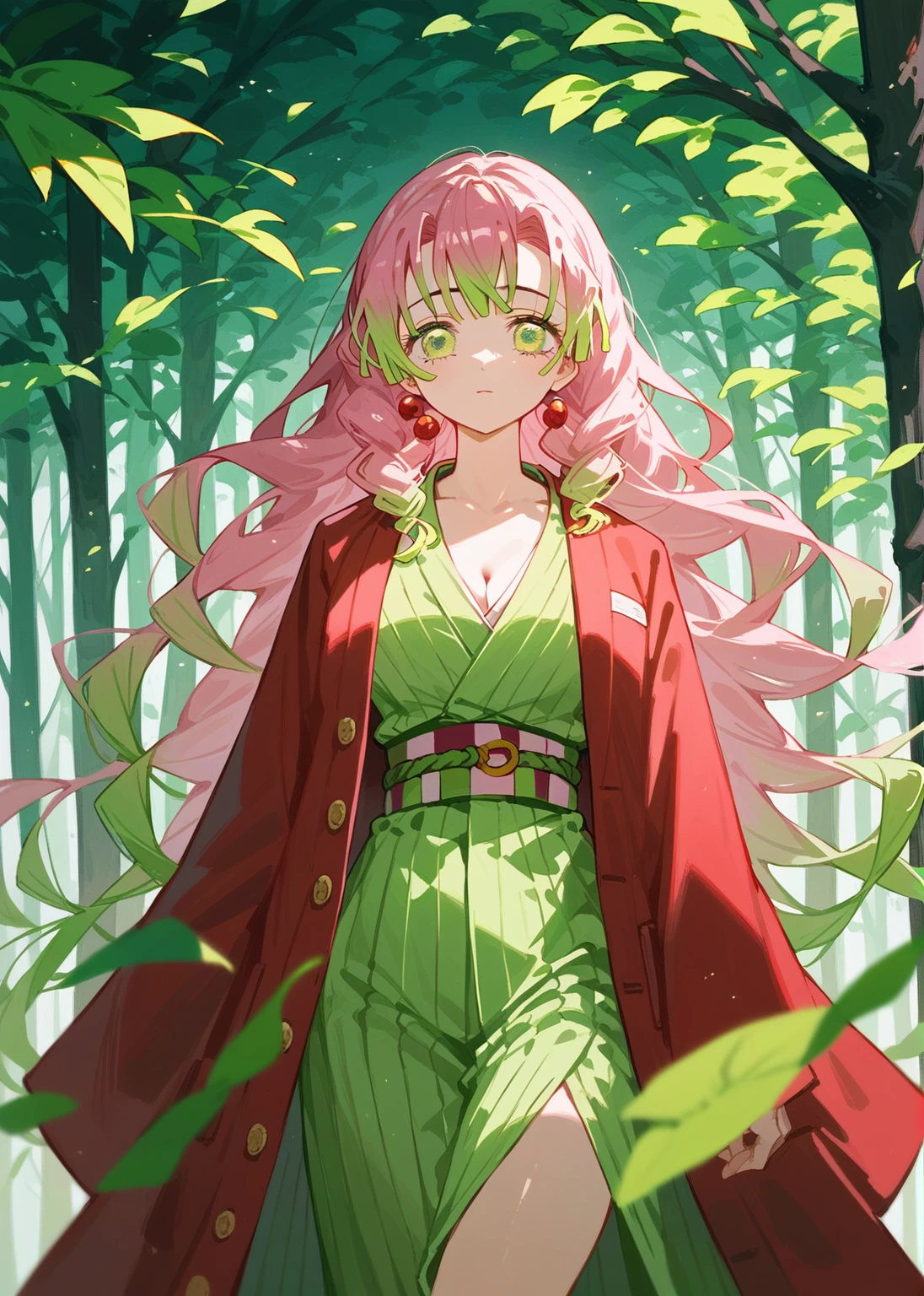 ( The most beautiful masterpiece , Beautiful light , woman ) Kanroji Mitsuri, Kimetsu no Yaiba , green eyes , pink hair green , Single person pic , Light purple yukata , red coat, In the forest , Show the evening sun