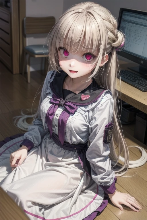 (Tabletop:1.0), (highest quality:1.4), (High resolution:1.2), From the side,Sharp contours,  boyish, highest quality, masterpiece,Glasses,Voice of the Heart,20-year-old woman,yandere,Big Breasts,Chest to chest,Lying face down,Upper Body,Ecstasy,saliva,blush,Squint your eyes,Heterochromia iridis,Tuck up your clothes,lure, white hair, wearing purple glasses 
