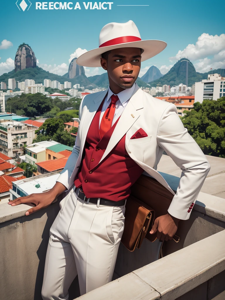 Create a poster image for a retro-themed poster. The art of sketches, The pen doodles must have a textured background with pastel colors and a drawing of a black man in a white suit and elegant red tie with a panama hat with red details. Add retro graphic elements of Rio de Janeiro images, like the lapa arches, ropeway, Sugarloaf Mountain, which are tourist attractions in Rio de Janeiro to complement the project.
