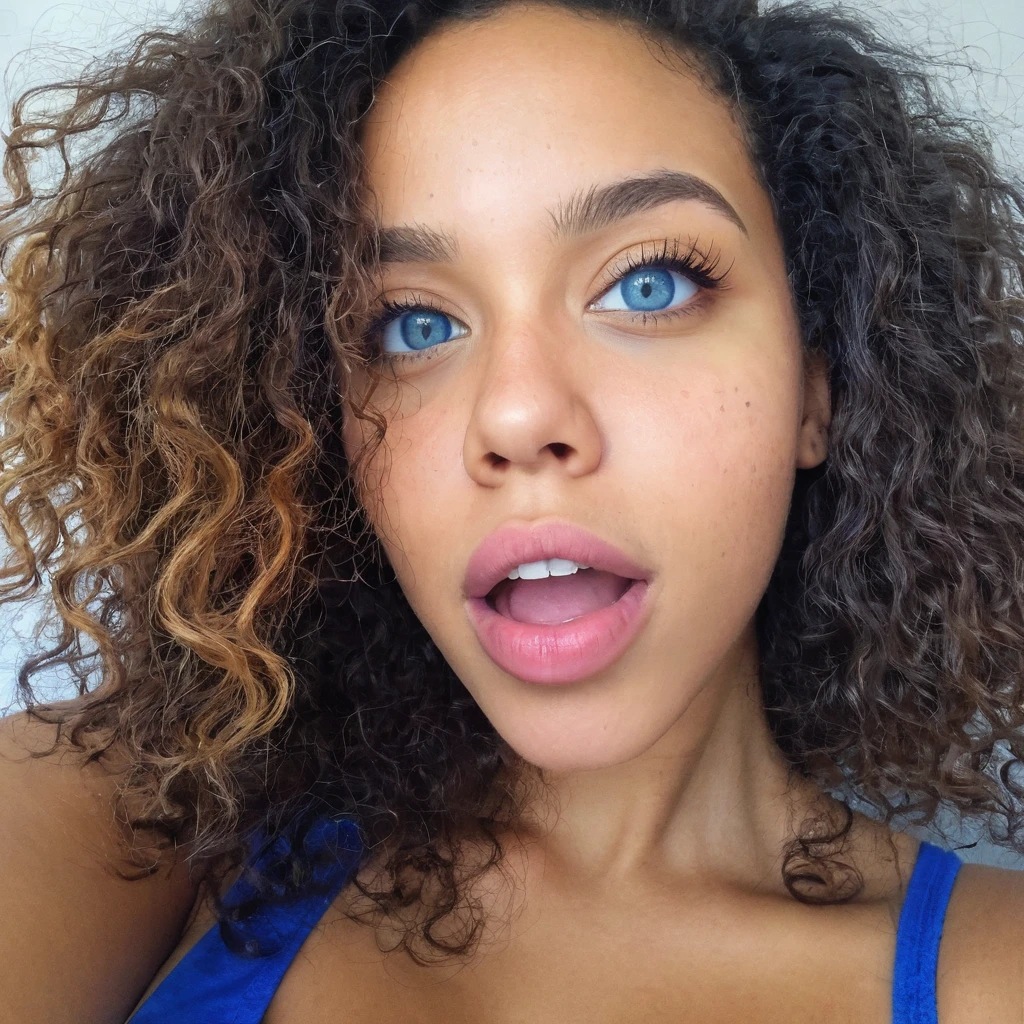 1 fille, beautiful biracial , Cheveux Bleus, Yeux bleus, Résolution Haute, Gros seins, Grimace, selfie 