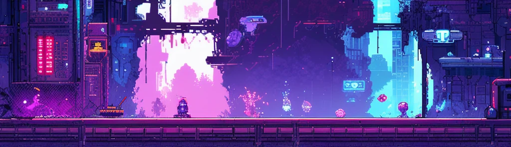 hbyxcj, Science fiction, sin humanos, Scenario, CAI, pixel art, futuristic sidescroller game, purple, blue and neon colors