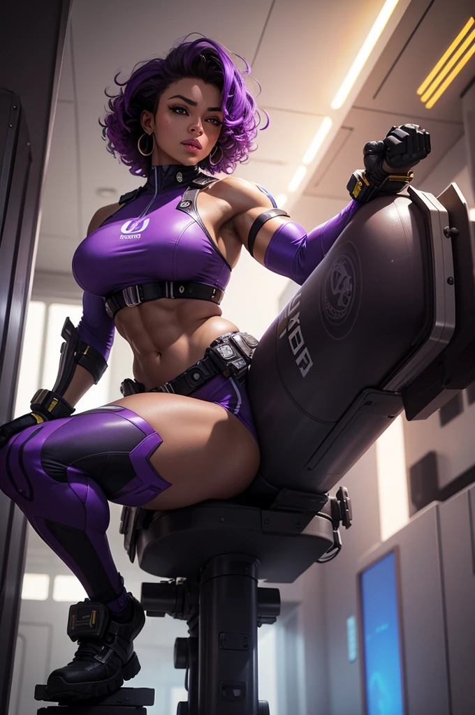 A beautiful, exuberant and young warrior android with black features, clone da deusa grega athena, with giant breasts, transformed into a super sensual and extremely muscular astronaut, fitness, fit bodybuilder and weightlifter, wearing very short, purple and very curly hair in locks, wearing cyberpunk battle clothes, exploring a mysterious planet in a sci-fi environment, sitting in the captain&#39;s chair in the control room of a powerful spaceship and using a large handwriting "a" on his uniform and tattooed on his face in the form of a barcode