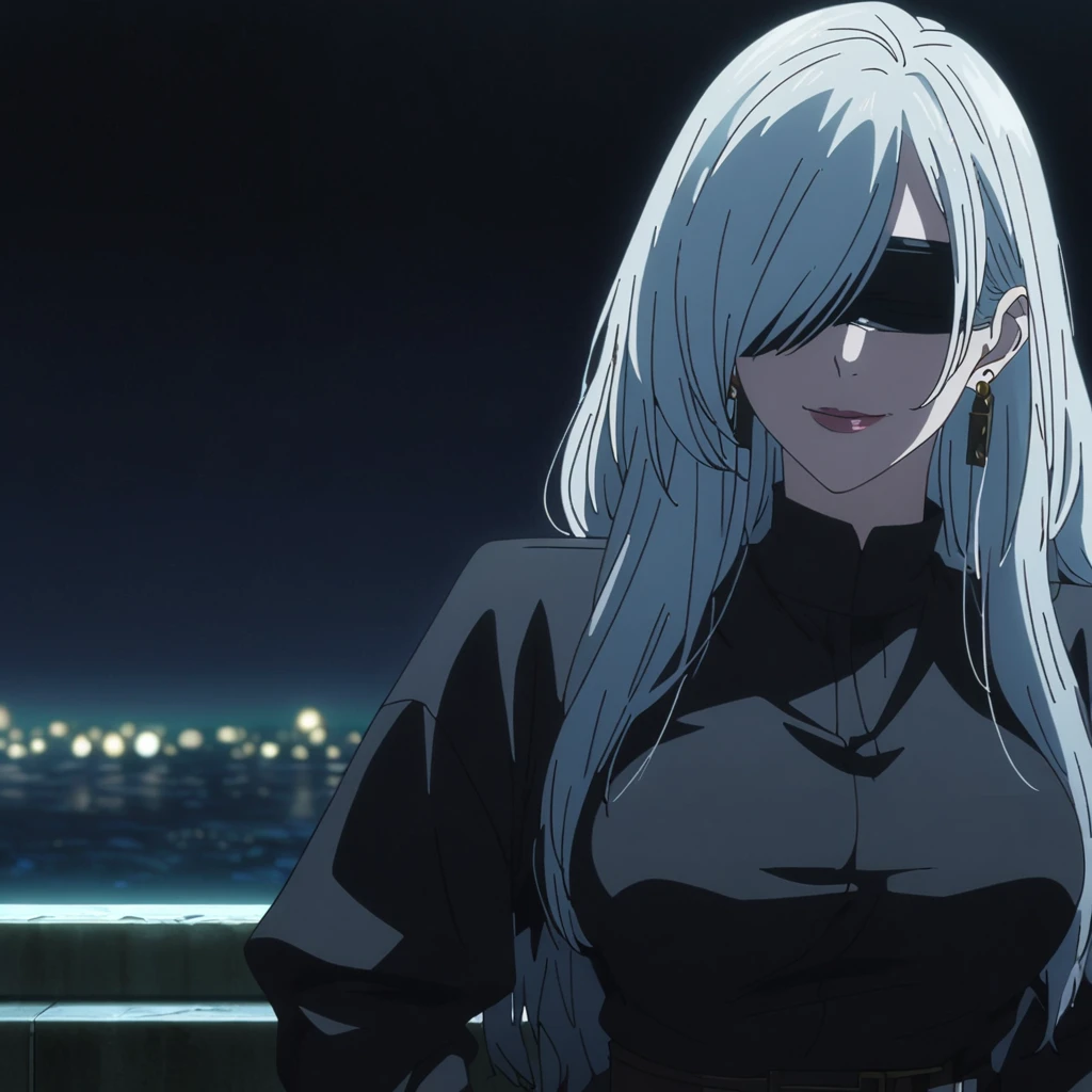 1girl, female gojo satoru, anime screencap from jujutsu kaisen, gojo satoru female version, solo, long_hair, ((wearing black blindfold)) ((high resolution)) ((white_hair, hair over one eye, smooth hair)), night view, (hanging breasts)  upper_body, smile, lips, (long hair, side bangs) ((wearing black color moder outfit, neck coker)) breast, "very detailed and high resolution" (black blindfold) ((solo)) (((front view))) (earings) ((high resolution)) ((good quality)) ((silky hair)) ((sitting)) 