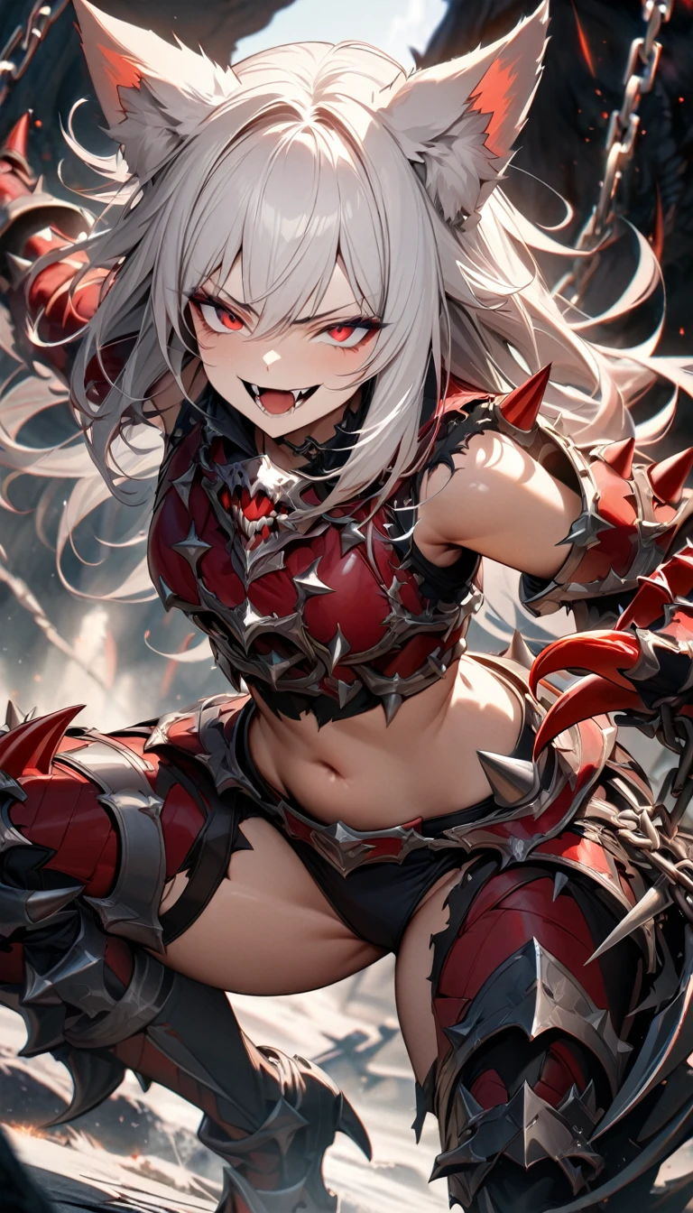 Adult girl, long white hair, wolf ears, red eyes, smirk, armor from bones, spikes, claws, fangs, open mouth, sleeveless, open legs, chains, red tattoo, open belly, Masterpiece, best quality, Full HD, 8k, ultra details, great graphic