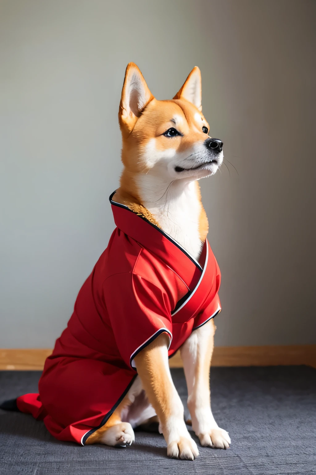 Dressing a Shiba Inu in a kimono to look like a samurai