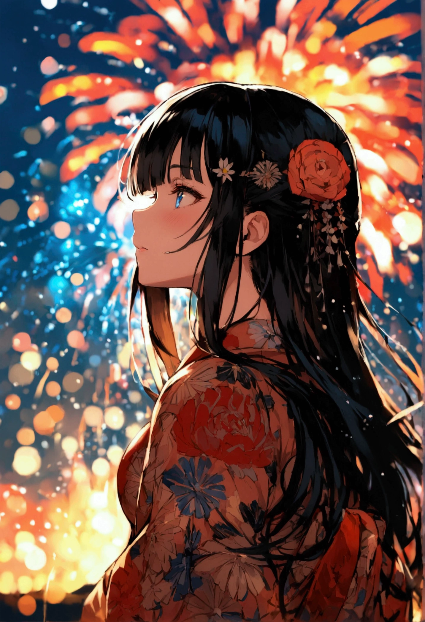 Hime cut with long black hair、Full-body illustration of a girl with straight bangs and blue eyes、Have big breasts、Wearing a yukata、Watching the fireworks explode