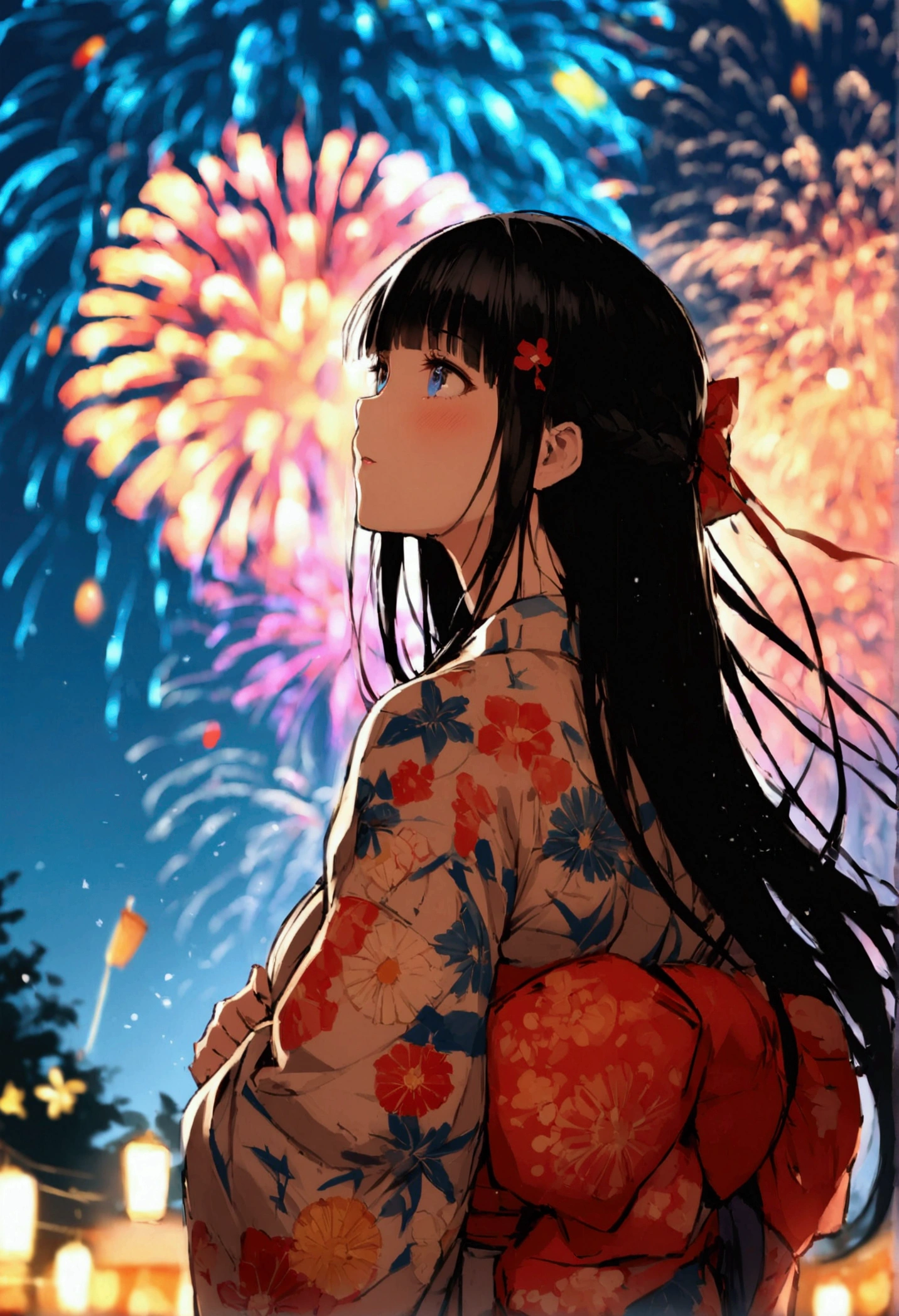 Hime cut with long black hair、Full-body illustration of a girl with straight bangs and blue eyes、Have big breasts、Wearing a yukata、Watching the fireworks explode
