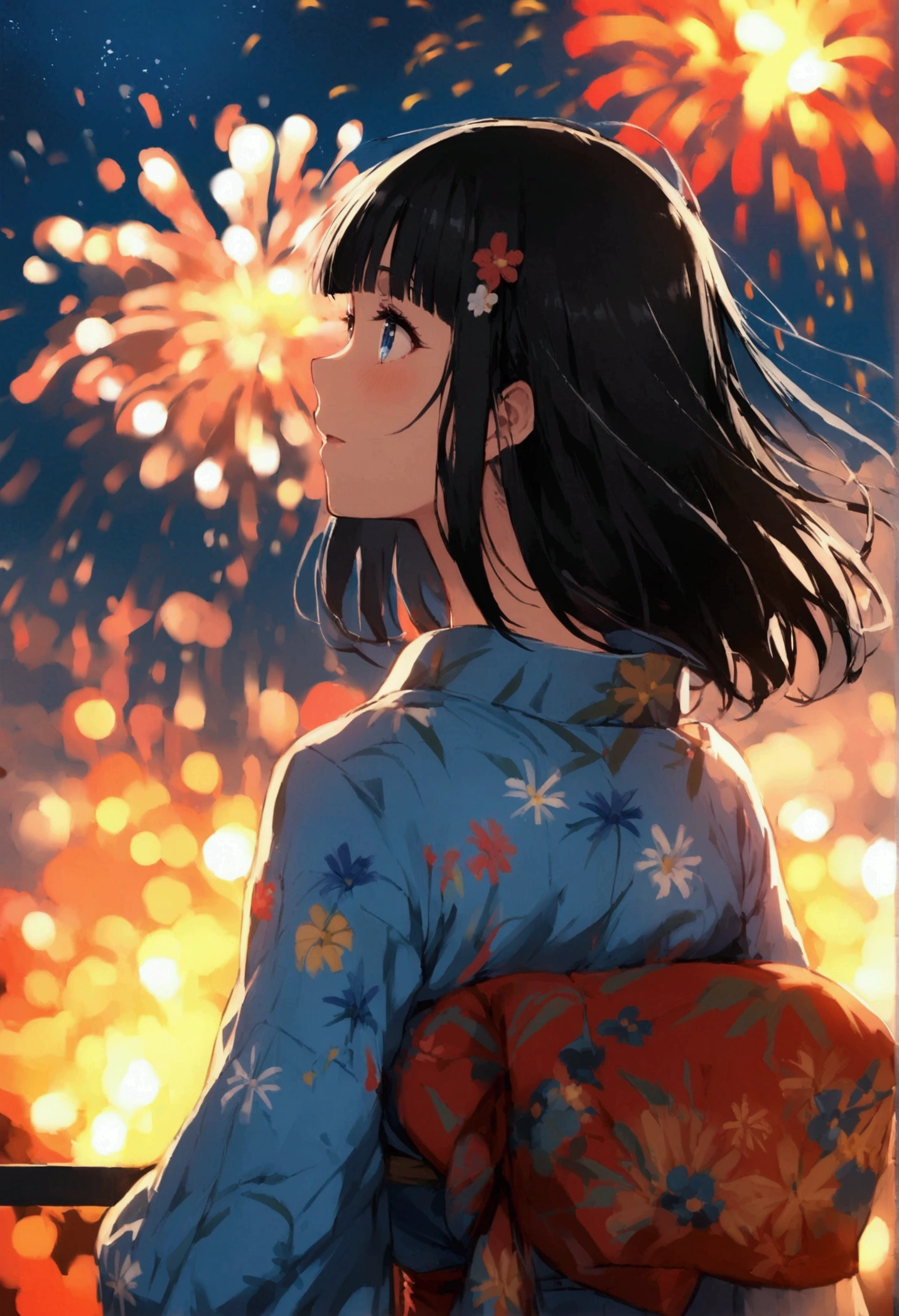 Hime cut with long black hair、Full-body illustration of a girl with straight bangs and blue eyes、Have big breasts、Wearing a yukata、Watching the fireworks explode