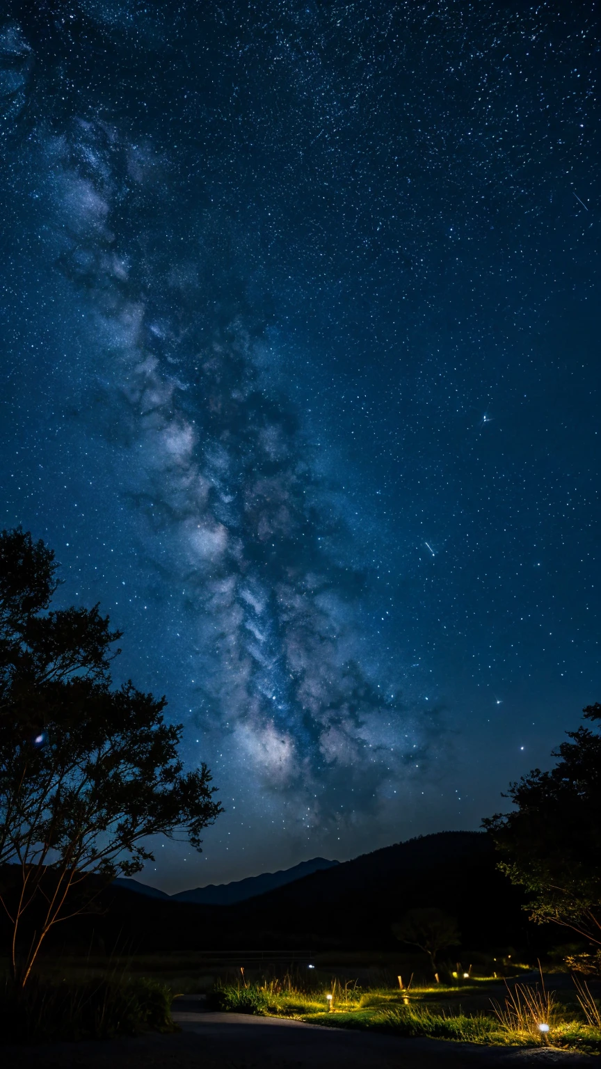 川と山のある風景を描いた星Moonlit Night画, Starry Skyの夜, Night view, Moonlit Night, Twinkling distant stars, moonlight, Moonlit Nightscape, Stars shining in the distance, Starry Sky, Mystical Night