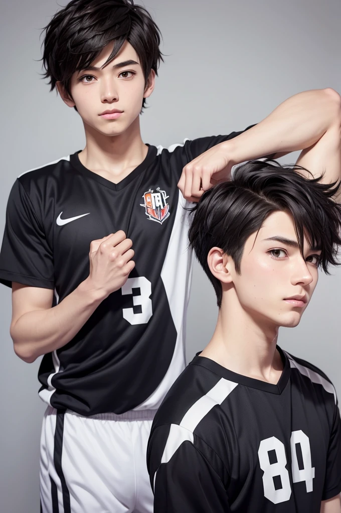 Create a short and cute anime boy with medium hair, volleyball player, haikyuu style, anime