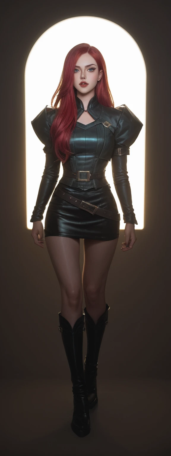 realistic, score_9, score_8_up, score_7_up, score_6_up, 
1girl, solo, from front, full body, Katarina \(league of legends\),  black background, makeup, sidelighting, backlighting, glowing,