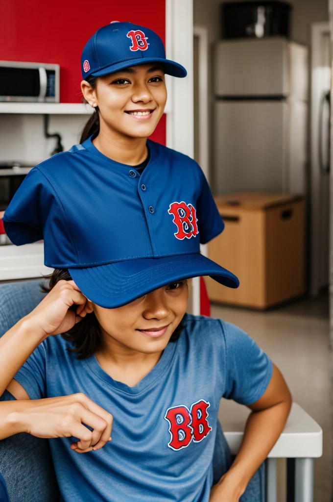 Relative wearing blue Boston Redsox cap